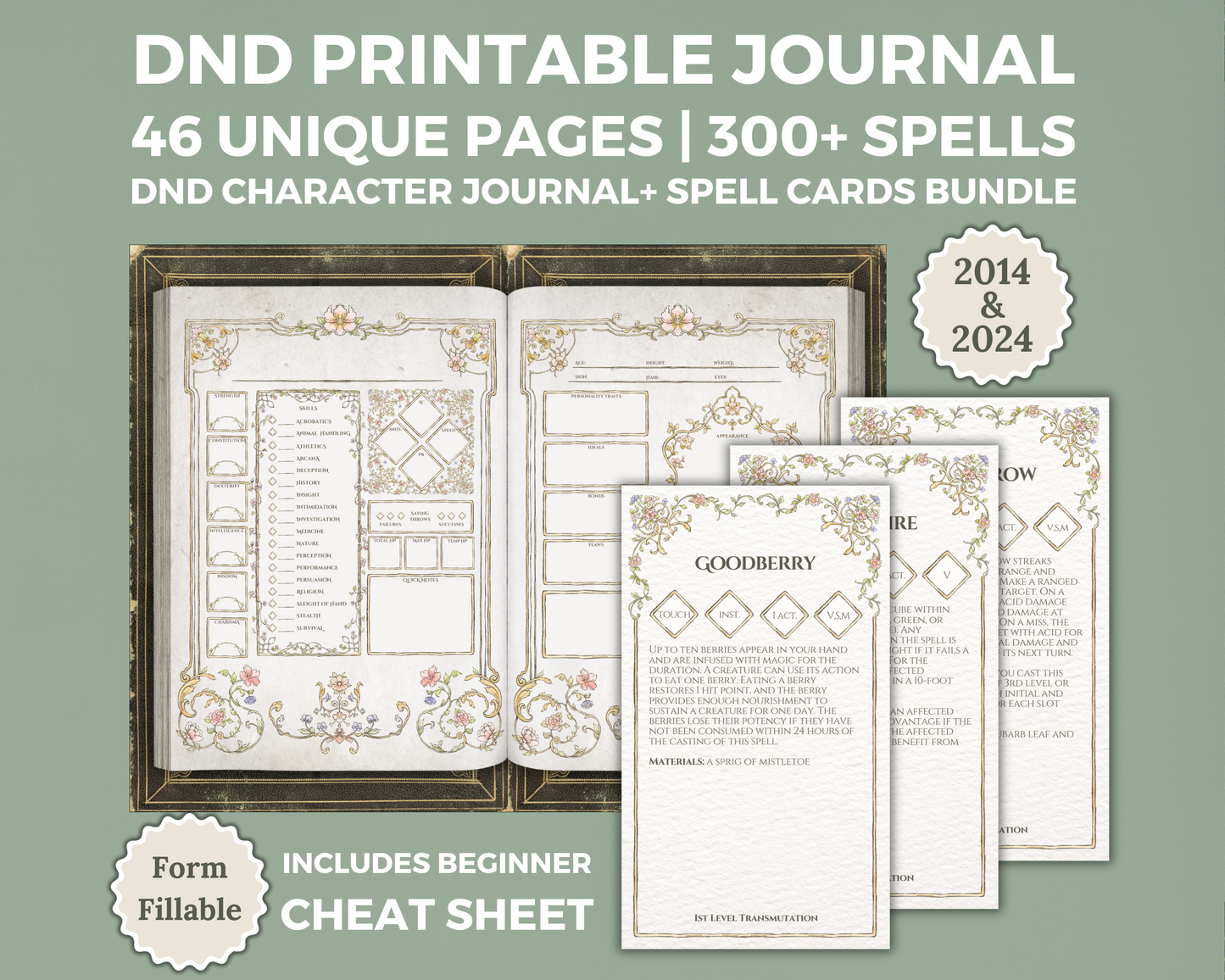 Floral Printable DnD Character Journal + DnD Spell Card Bundle