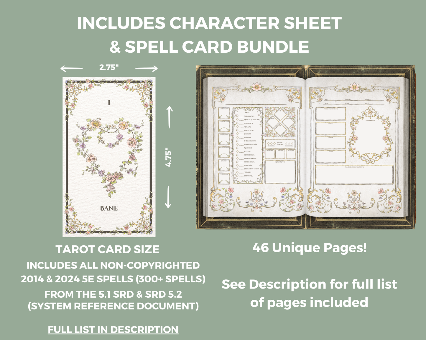 Floral Printable DnD Character Journal + DnD Spell Card Bundle