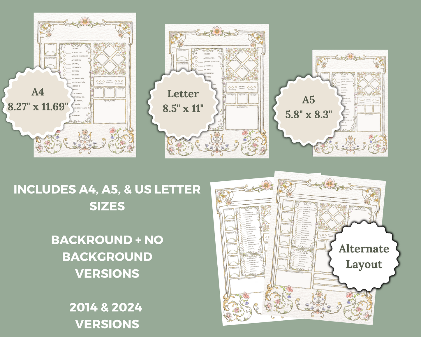 Floral Printable DnD Character Journal + DnD Spell Card Bundle