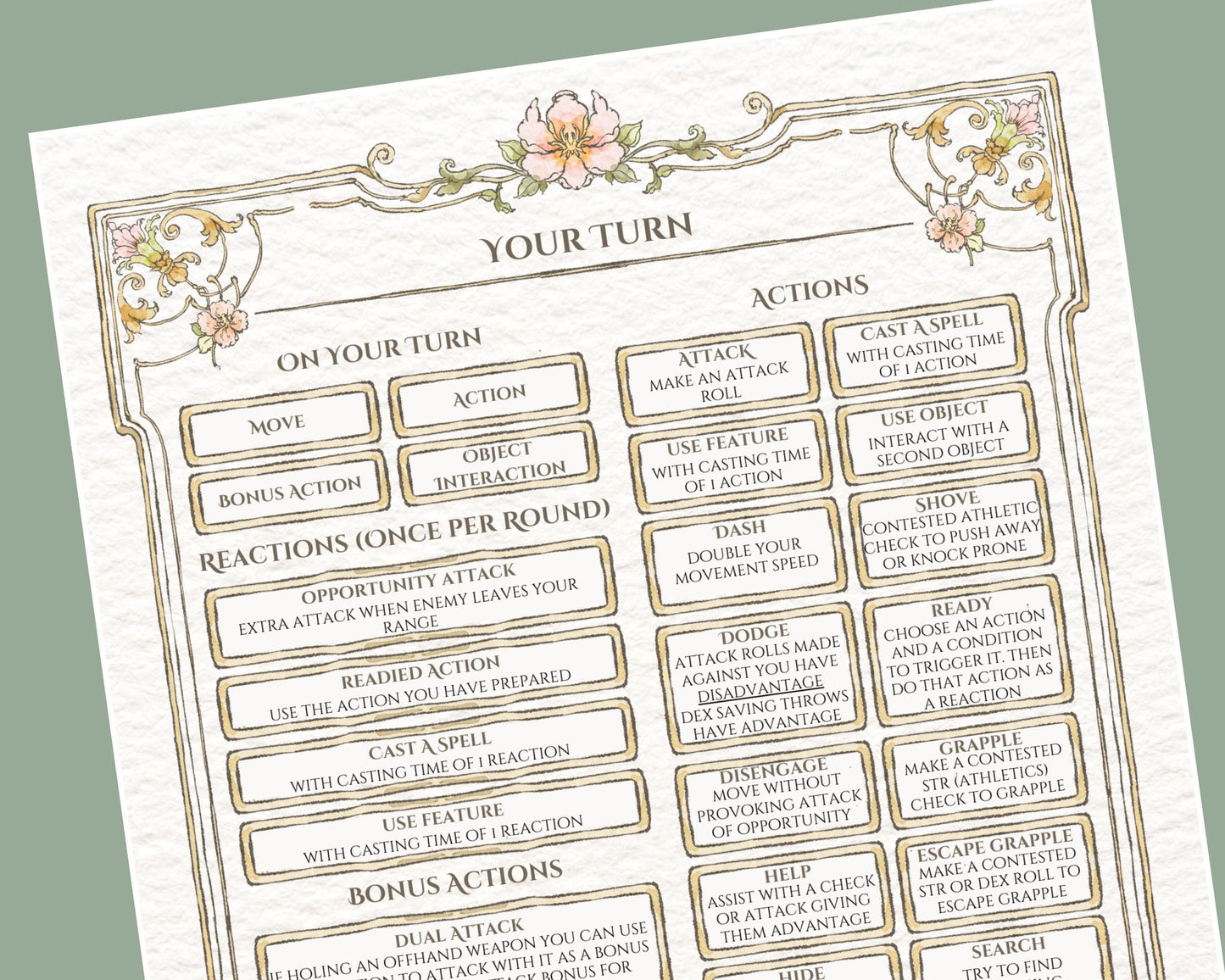 Floral DnD Cheat Sheet