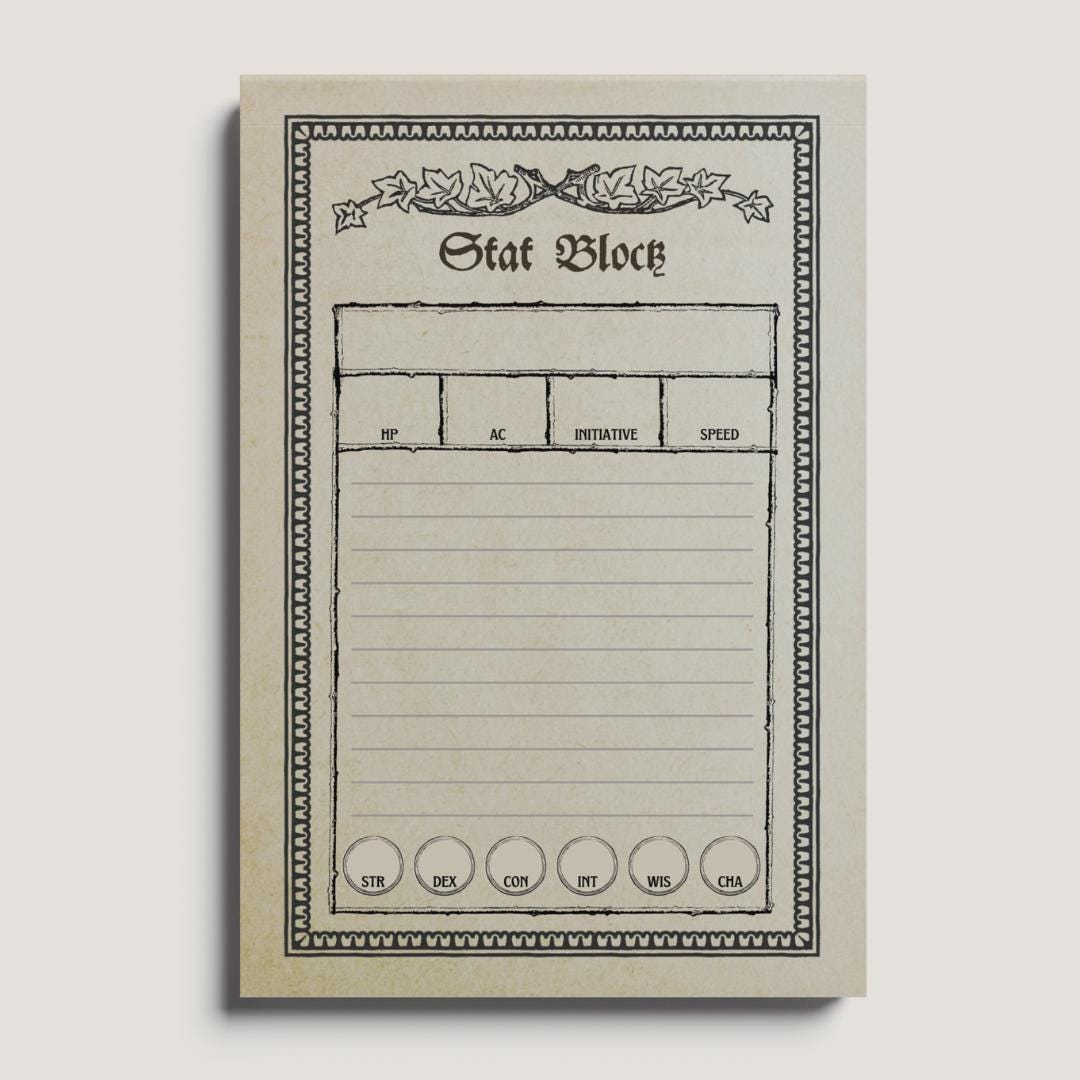 Gothic DnD Stat Block Notepad | 4x6"
