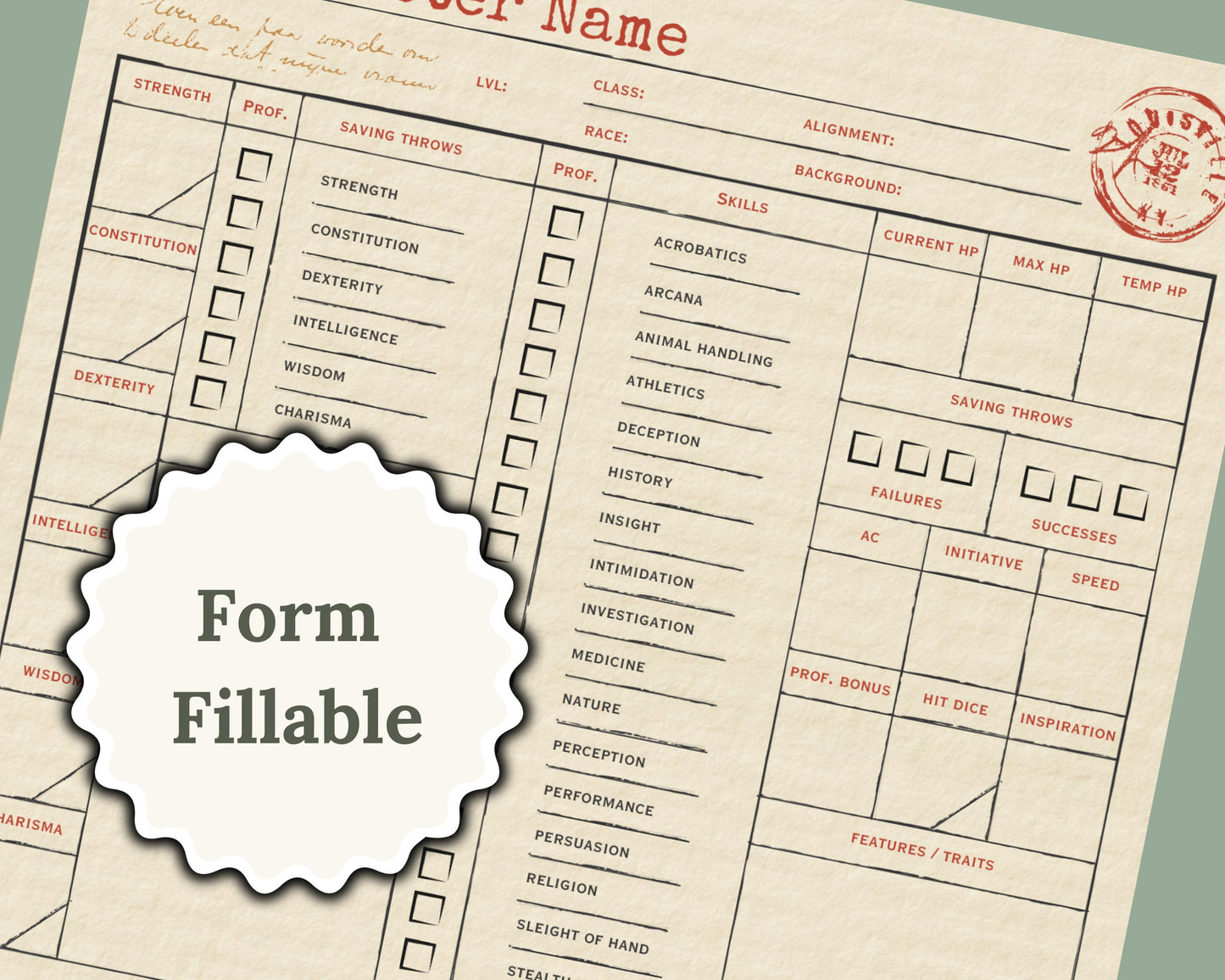 Vintage Stationary DnD Character Sheet