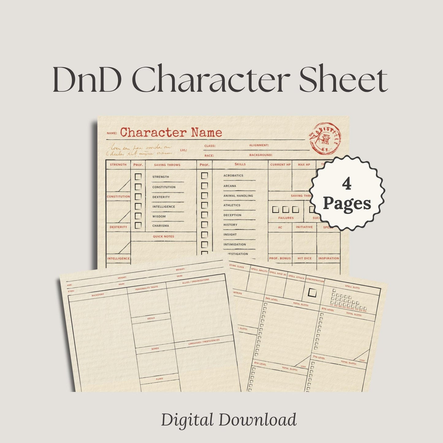 Vintage Stationary DnD Character Sheet